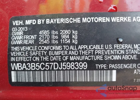 2013 BMW 328I xDrive из США, поврежденный, VIN WBA3B5C57DJ598399